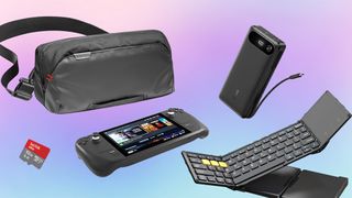 A Tomtoc Handheld Carrying Bag, Steam Deck, SanDisk microSD Card, foldable keyboard, and power bank on a pastel background.