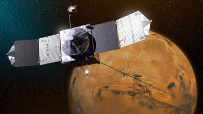 An illustration of a metal satellite in front of the red planet of Mars.