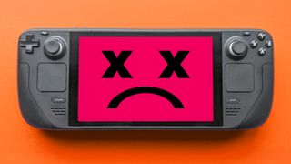 A Steam Deck displaying a red screen with two X-ed out eyes and a frown.