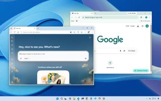 A desktop screen displaying two web browser windows. The left window shows a warm welcome message and search bar, the right window displays the Google homepage. Bright, modern interface.