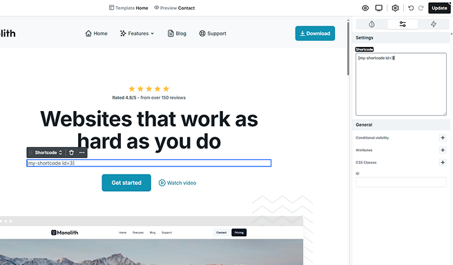 Mosaic Editor showing the WordPress Shortcode element with a field to paste a shortcode, styled through the Style tab