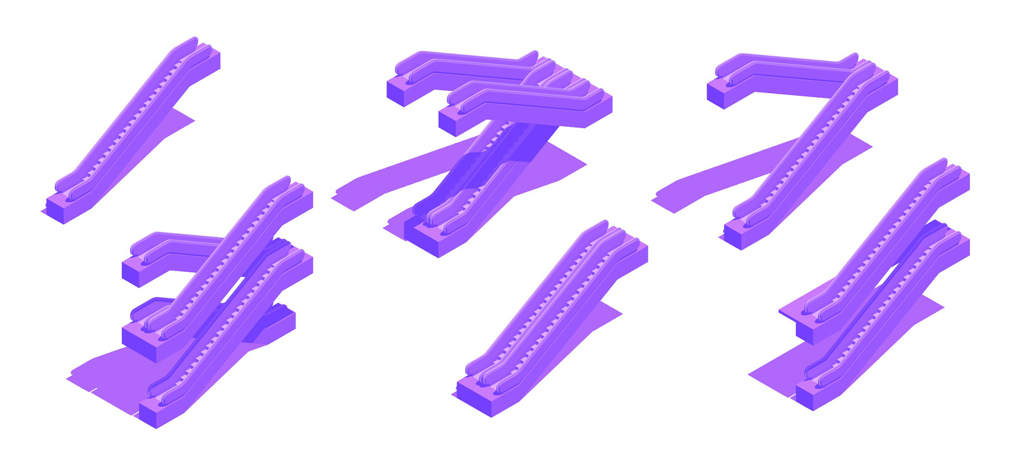 3D collection of a group of different layout options for escalators including single, paired, and crossing escalators