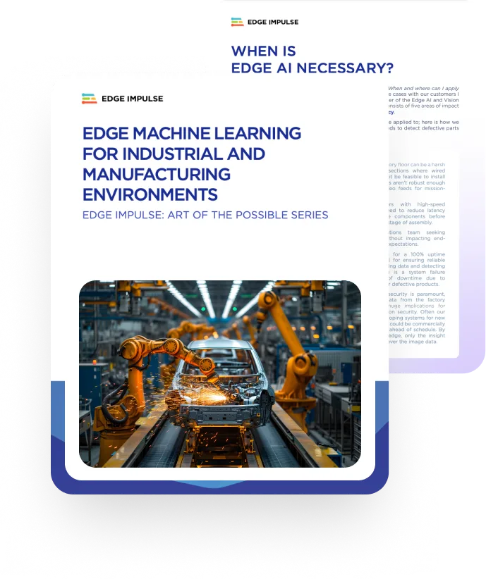 Graphic showing Edge Impulse resources for industrial and manufacturing use cases. The main card is titled “Edge Machine Learning for Industrial and Manufacturing Environments” and includes a photo of robotic arms working on a car assembly line with sparks flying. Behind it is another card titled “When Is Edge AI Necessary?”