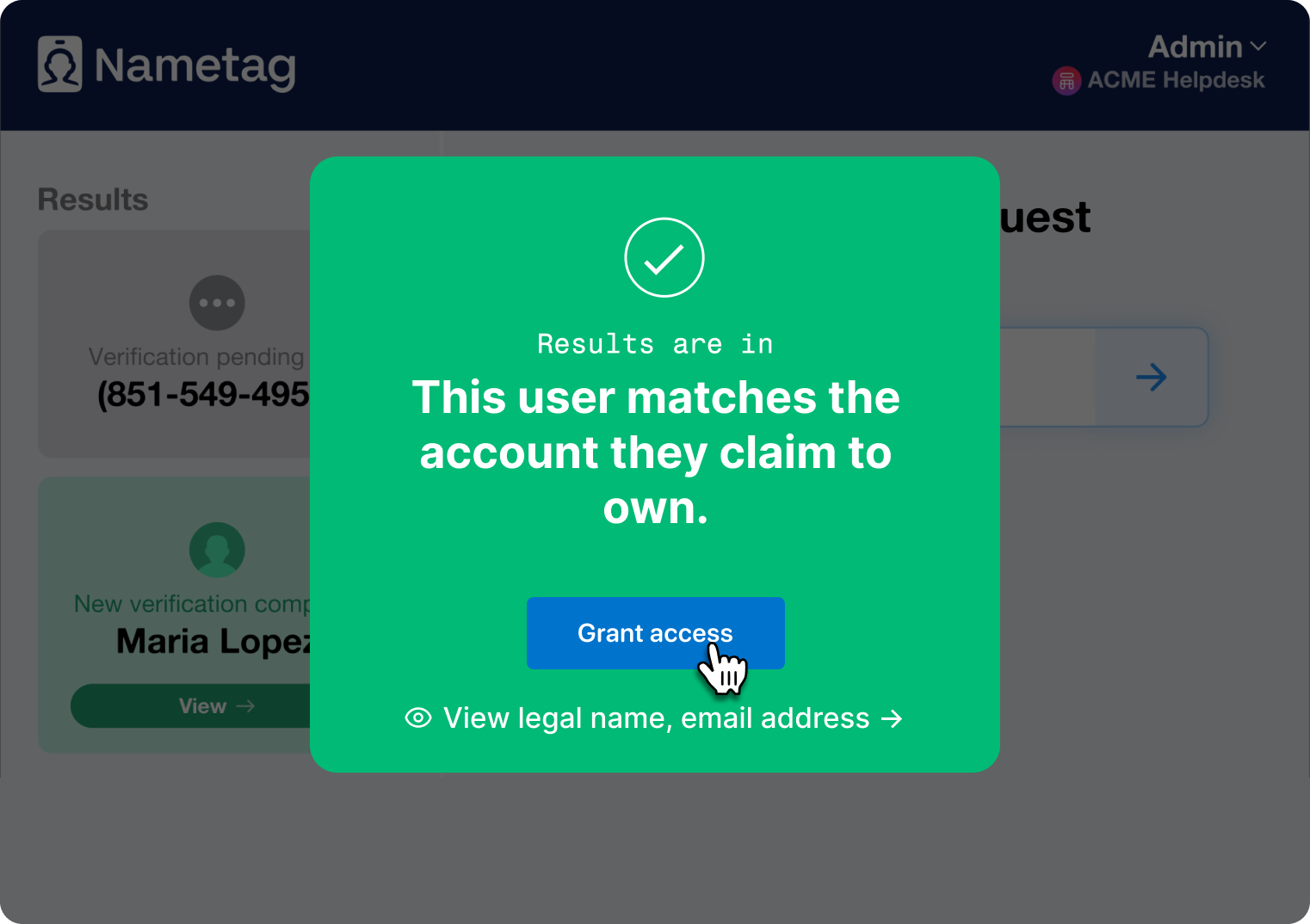 An image showing the Nametag Copilot agent-assisted user identity verification flow
