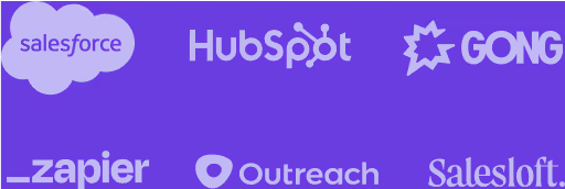 Integrations logos: Salesforce, Hubspot, GONG, Zapier, Outreach, Salesloft