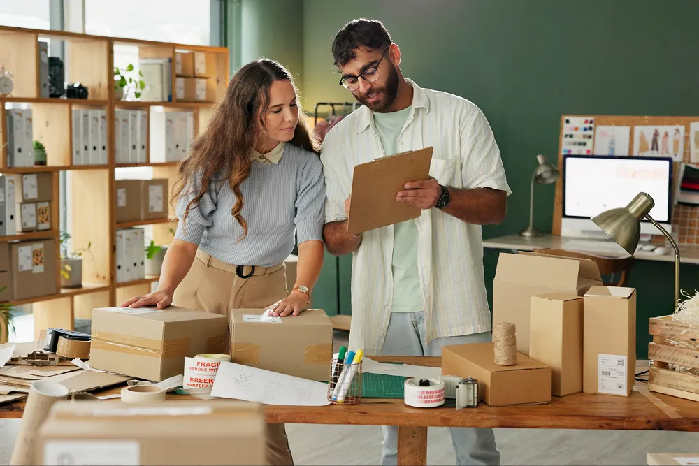 startup team clipboard office delivery inspection quality assurance order man woman designer checklist by boxes logistics shipping customer package small business