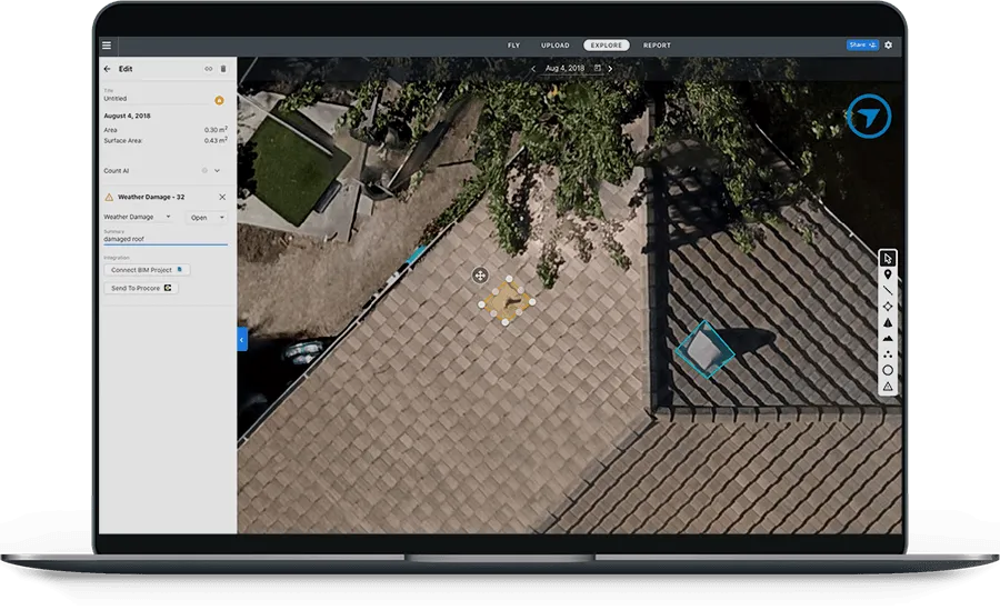 An image of the DroneDeploy user interface surveying a roof.