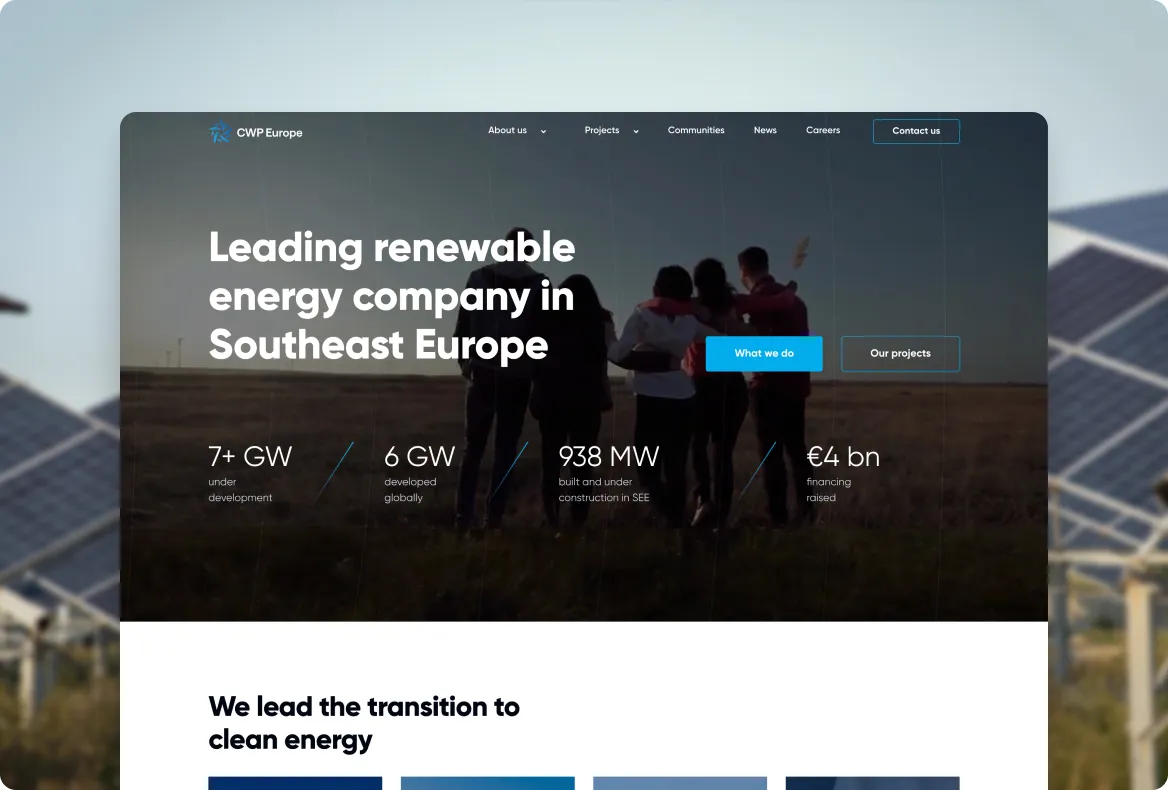 Homepage of CWP Europe featuring a group of people with arms around each other in a field, overlayed with text about renewable energy in Southeast Europe and project statistics.