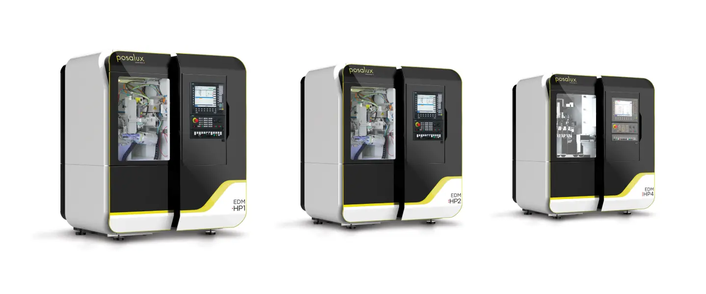Three Posalux EDM machines labeled HP1, HP2, and HP4, each with a black and white casing and digital control panels.