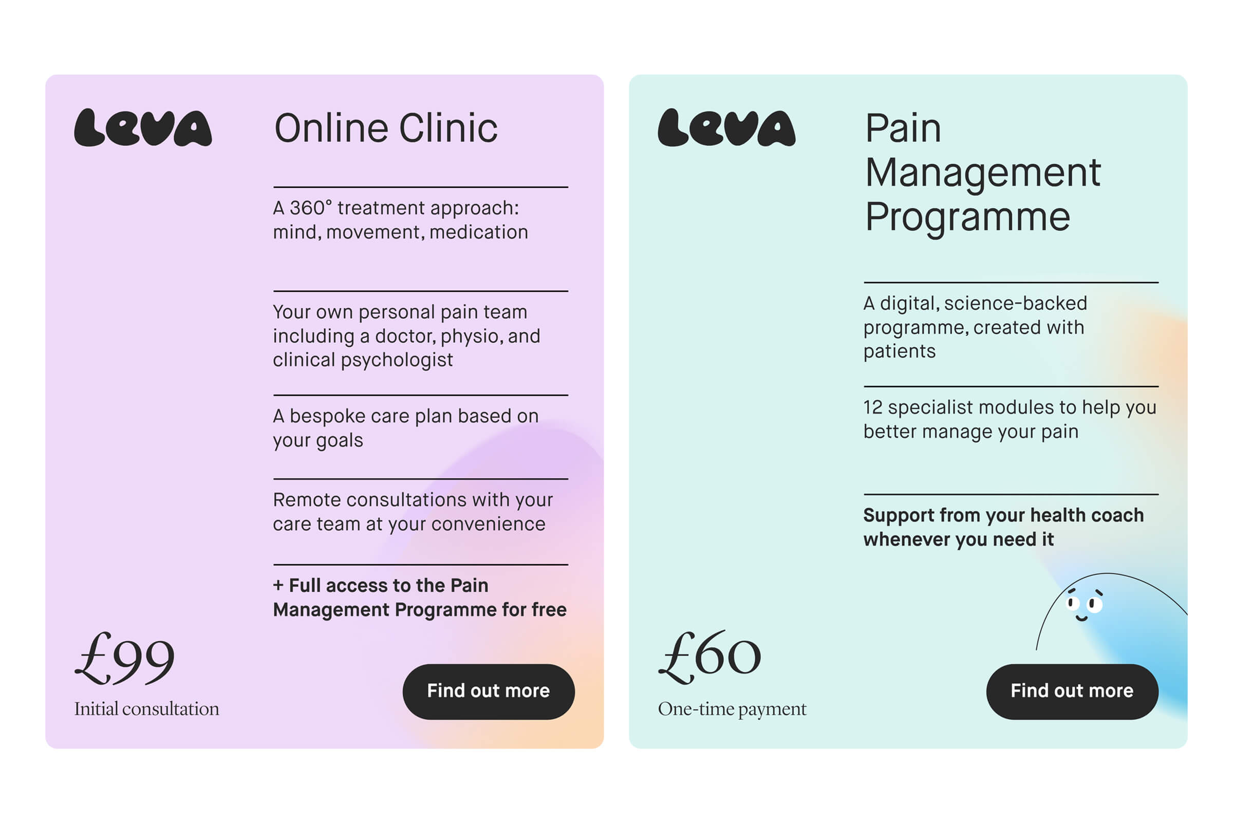 Two Leva factsheets using different elements from the brand identity