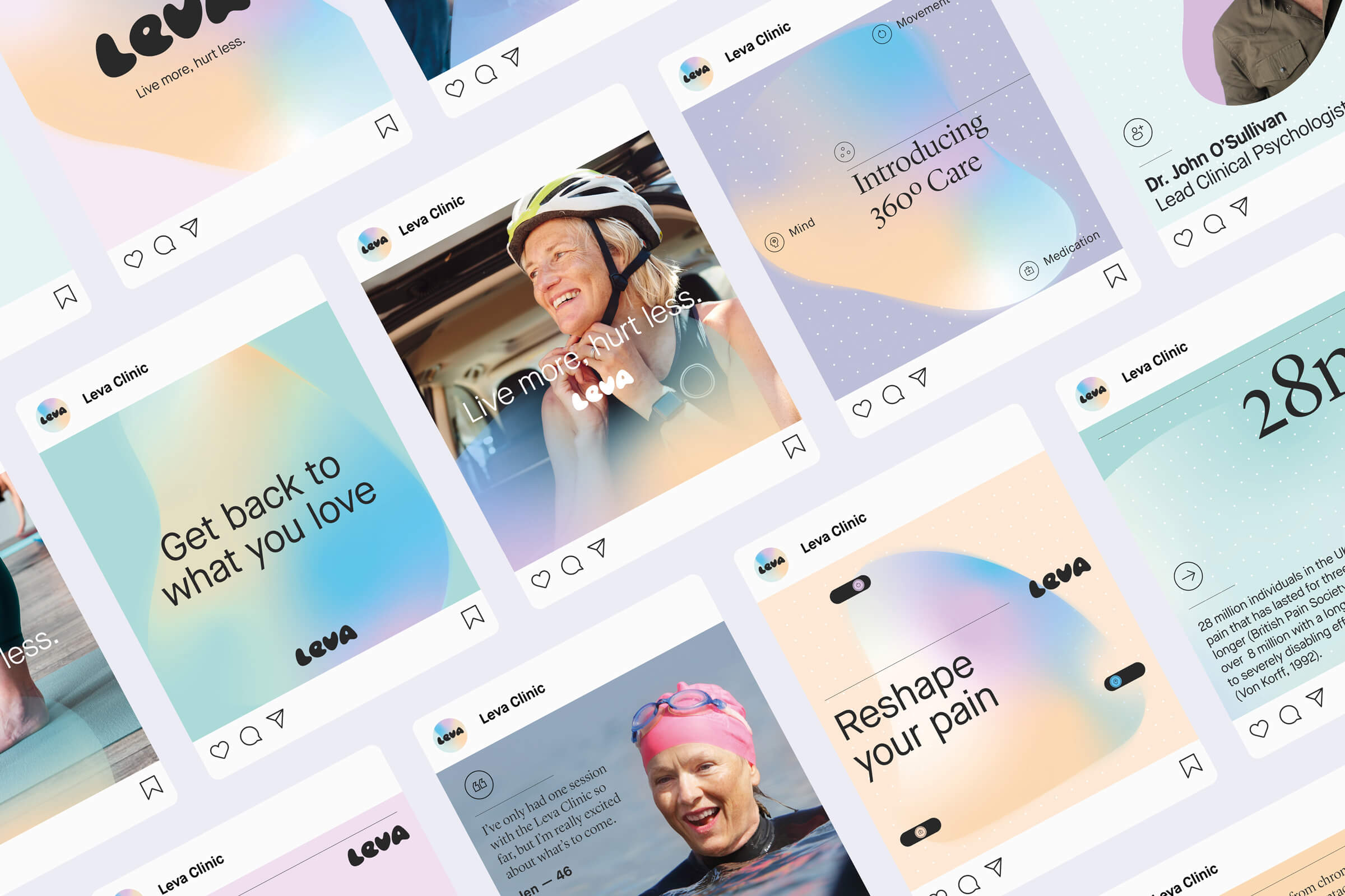 A collection of various Instagram posts from the Leva Clinic account, showcasing typography, photography and illustration from the Leva brand identity