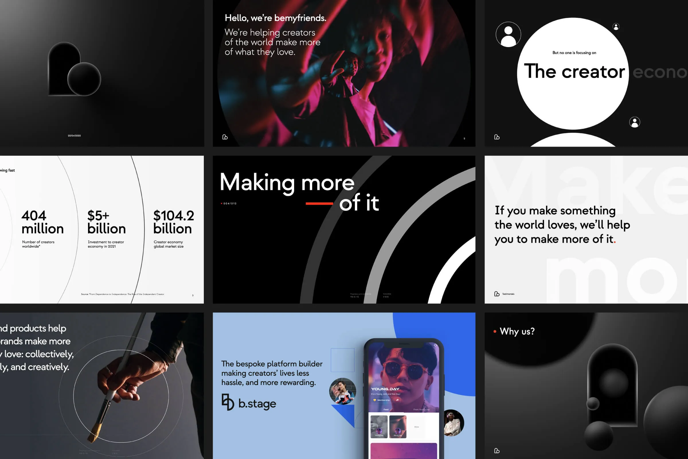Overhead shot of the Bemyfriends pitch deck, demonstrating the design system