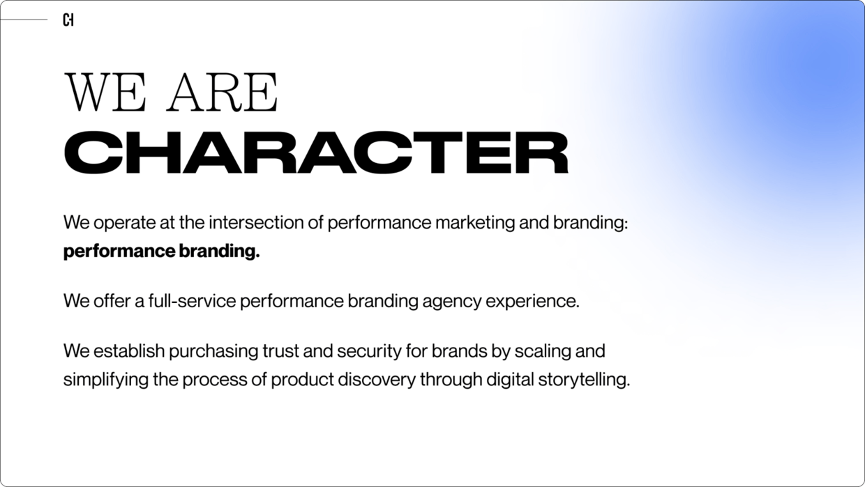 slide that reads 'we are character'