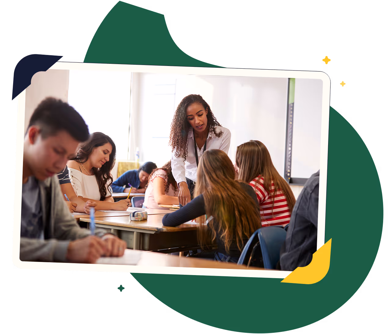 Teacher working with students on homework
