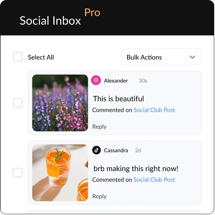 HeyOrca's social media inbox shows two social media posts, one featuring a photo of purple flowers and another featuring a photo of orange drinks. Comments on the posts say, "This is beautiful" and "brb making this right now."