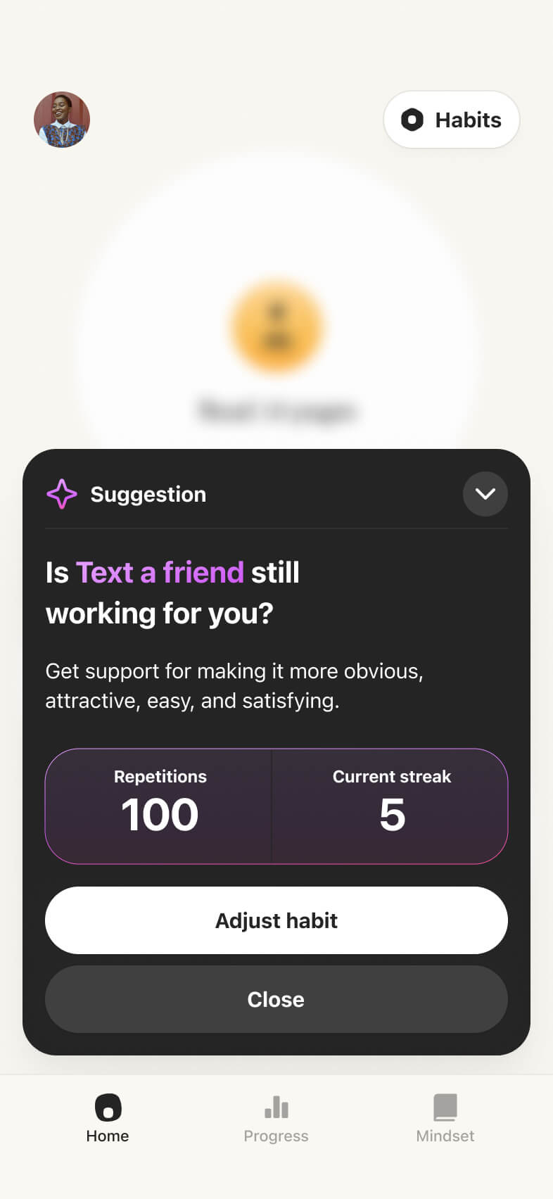 A screenshot of the Atoms app habit suggestion screen