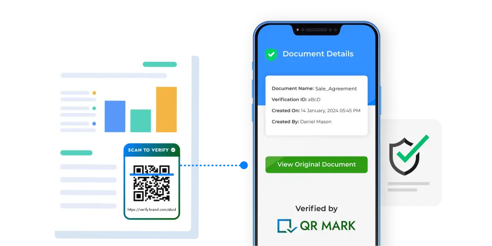 A document with a QR code displayed prominently, with a smartphone screen in the background showing details of the document, and a verified icon overlay in the foreground