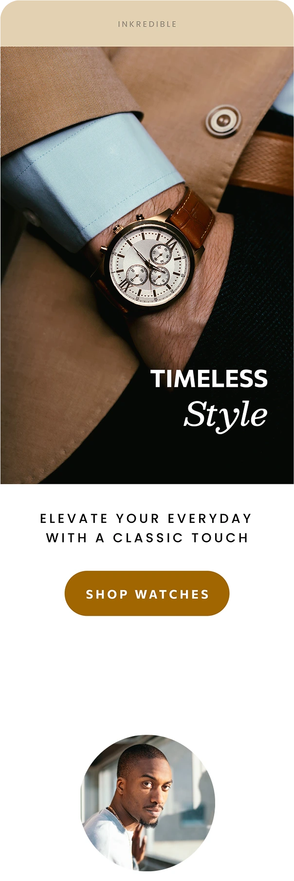 Close-up of a wristwatch with a brown leather strap and gold casing worn over a blue shirt cuff and brown jacket sleeve.