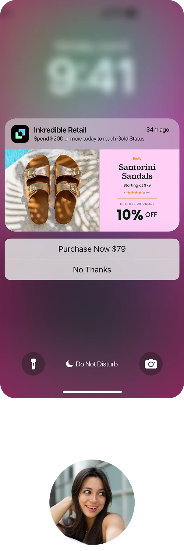 Phone lock screen showing a notification from Inkredible Retail with an image of brown Santorini sandals, offering 10% off and a prompt to purchase for $79 or decline.