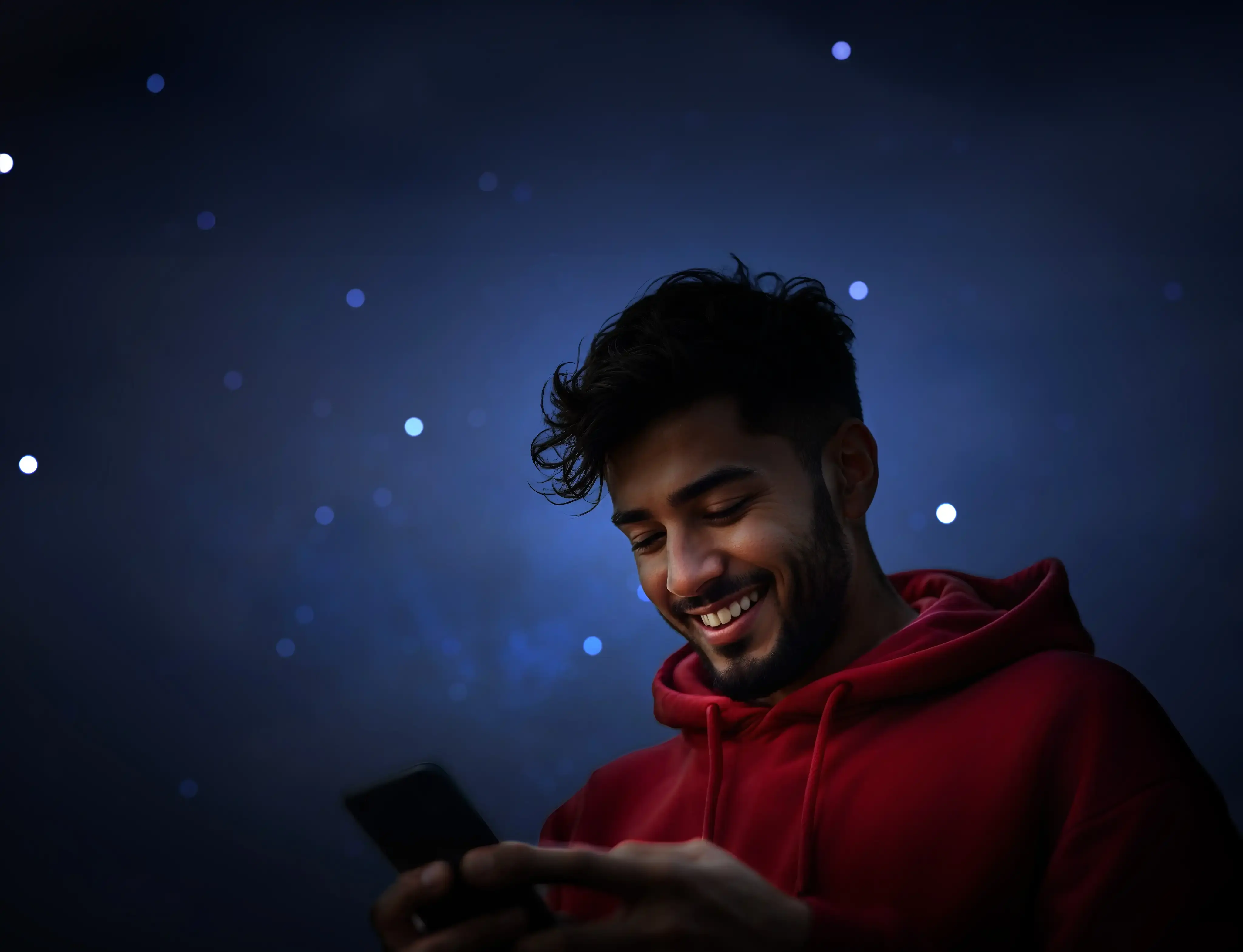A smiling trader using his mobile phone for 24/7 cryptocurrency