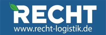 Logo von Recht Logistik mit dem Schriftzug 'RECHT' in weißer Schrift auf blauem Hintergrund und einer kleinen grünen Blattgrafik, darunter die Website-Adresse 'www.recht-logistik.de'.
