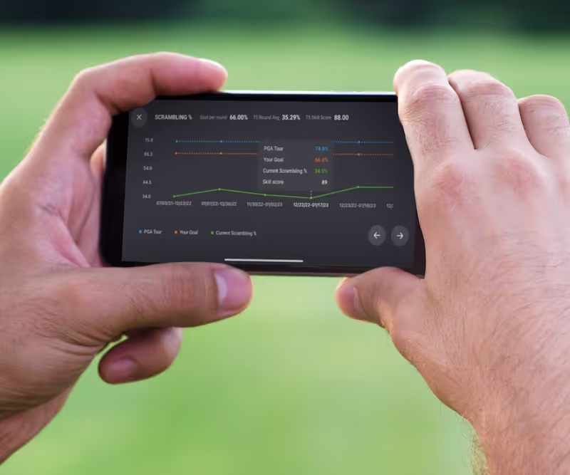 GOLFTEC app displayed on a smartphone, showcasing golf data