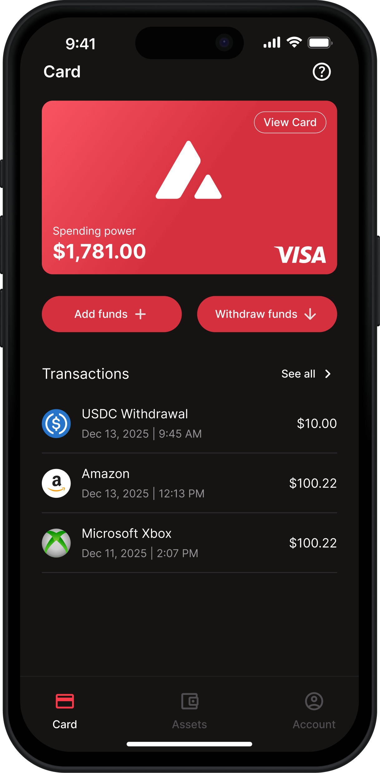 Mobile screenshot showing the home screen of the Avalanche Card app, showing three recent transactions and amounts, total spending power, and the ability to add or withdraw funds