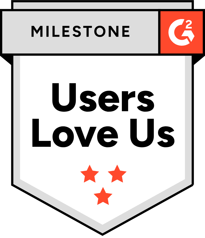 G2 Milestone badge with text 'Users Love Us' and three red stars below.