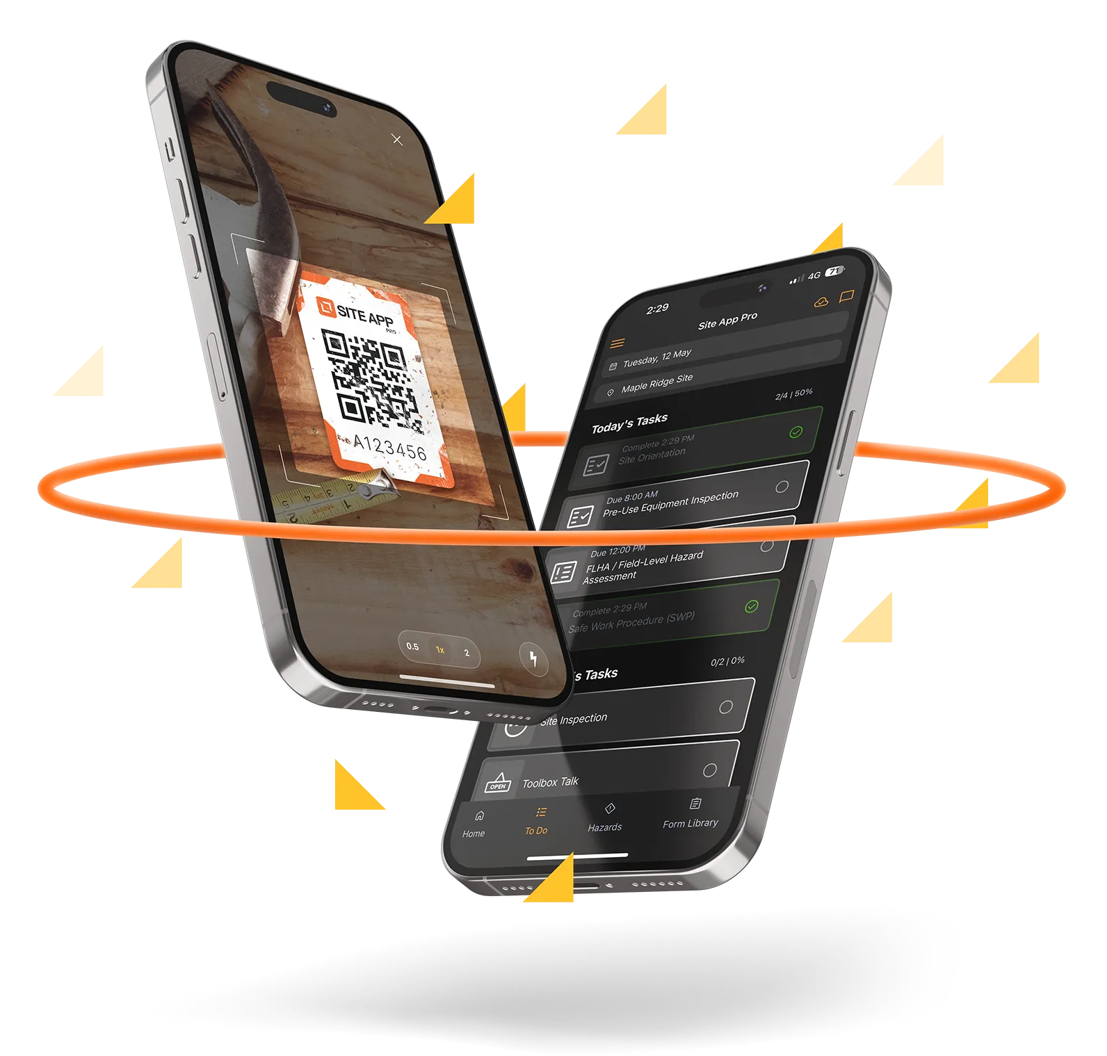 Two smartphones floating with one showing a QR code scanning screen and the other displaying a task list in a site management app.