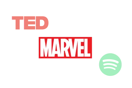 Logos of TED, Nike, Marvel, and Spotify on a black background.