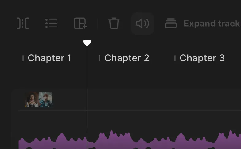 Audio editing interface showing waveform in purple with markers for Chapter 1, Chapter 2, and Chapter 3 at the top.