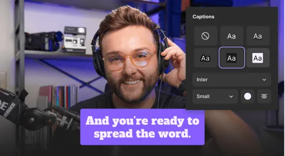 Smiling man with glasses and headphones speaking into a microphone in a recording studio, captioned 'And you're ready to spread the word.'