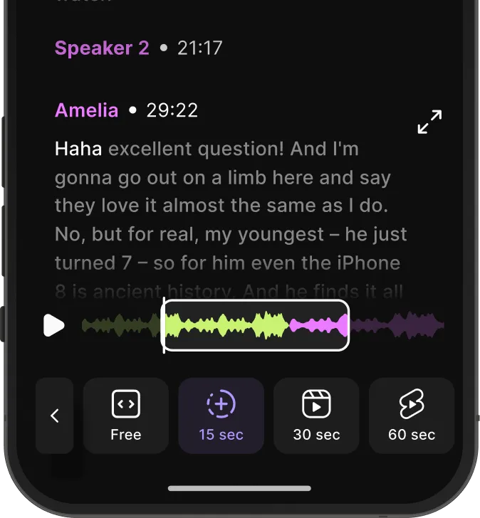Podcast transcript excerpt showing a speaker named Amelia with a highlighted audio waveform and playback controls for skipping 15, 30, or 60 seconds.