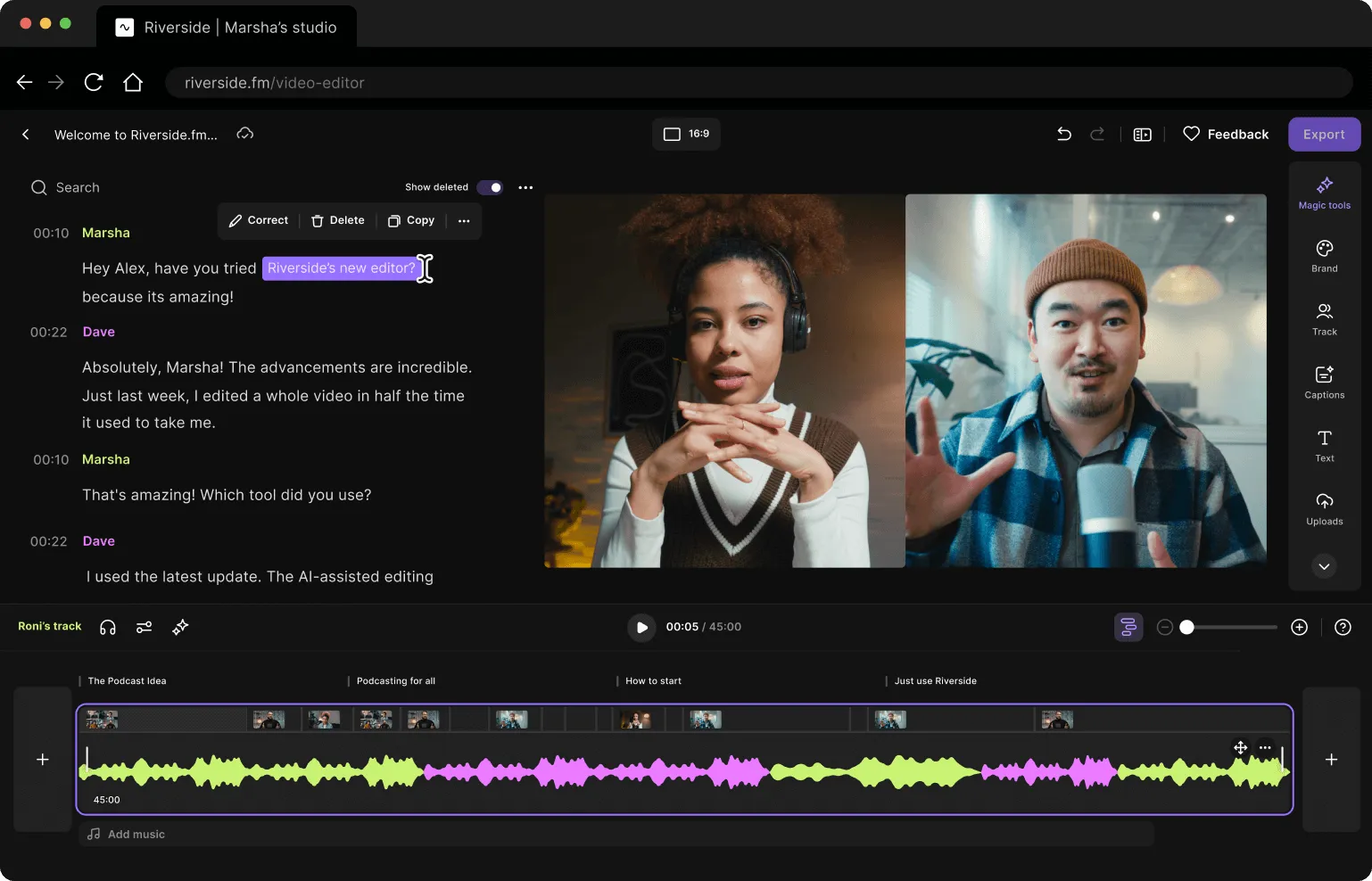 Riverside.fm video editor interface showing two people on video call, transcript with highlighted text, audio waveform, and editing tools on dark background.