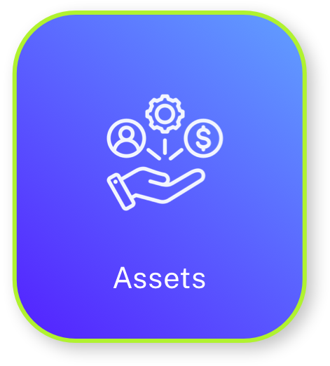 Blue icon with hand, person, gear, and dollar sign representing assets