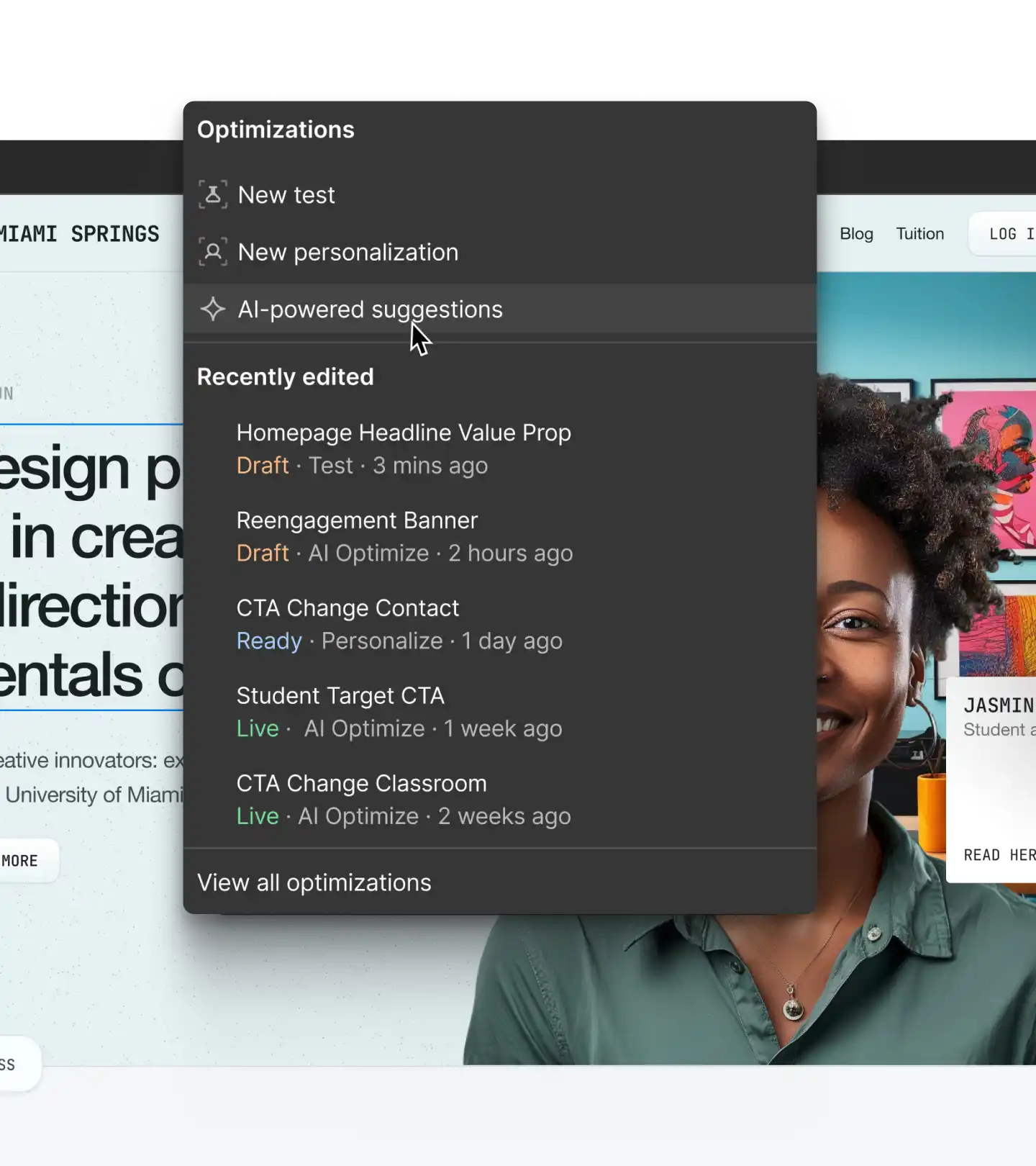 A screenshot of Webflow showing on-page optimizations and the ability to generate new ones with AI.