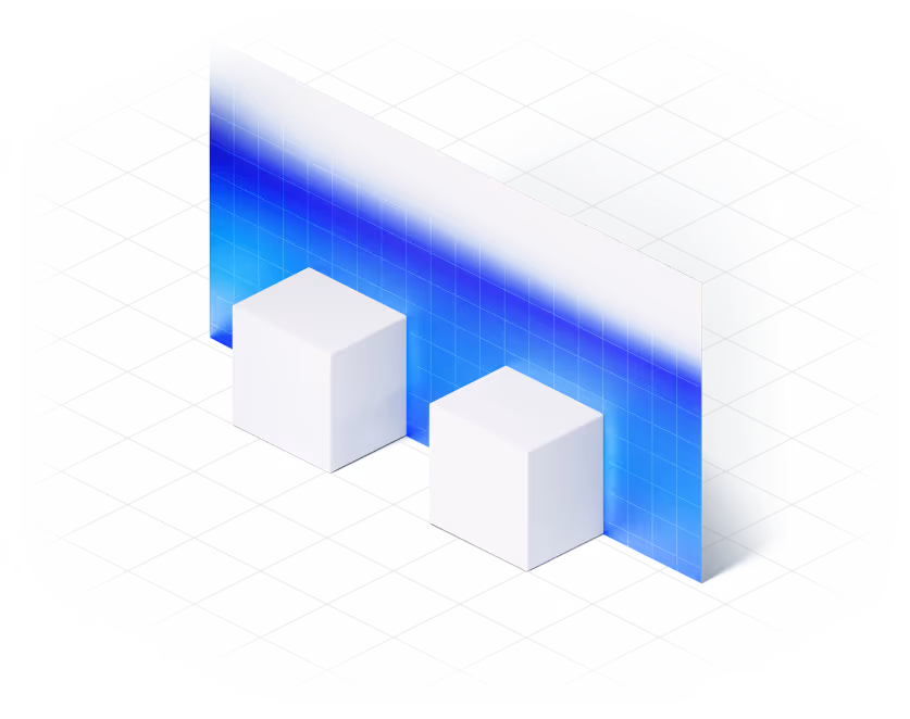 Isometric view of two white cubes in front of a vertical blue gradient grid panel on a white grid floor.