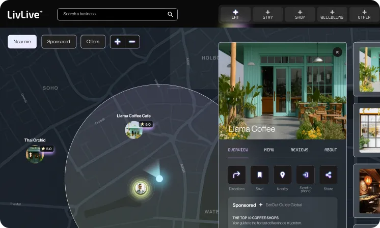 LivLive AR gaming map - interface showing nearby coffee shops and restaurants with ratings and location-based offers