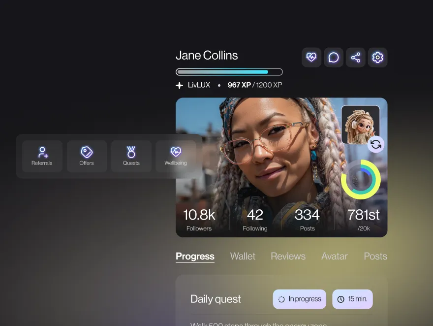 LivLive player dashboard - profile interface with user stats, progress tracking, and daily AR gaming quest completion
