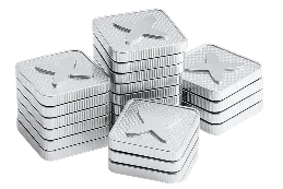 LivLive token rewards - stacks of silver square cryptocurrency coins with X symbol for AR gaming achievements