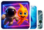 Illustration of a smiling astronaut and a cheerful orange flame character floating in front of a neon-lit triangular background.