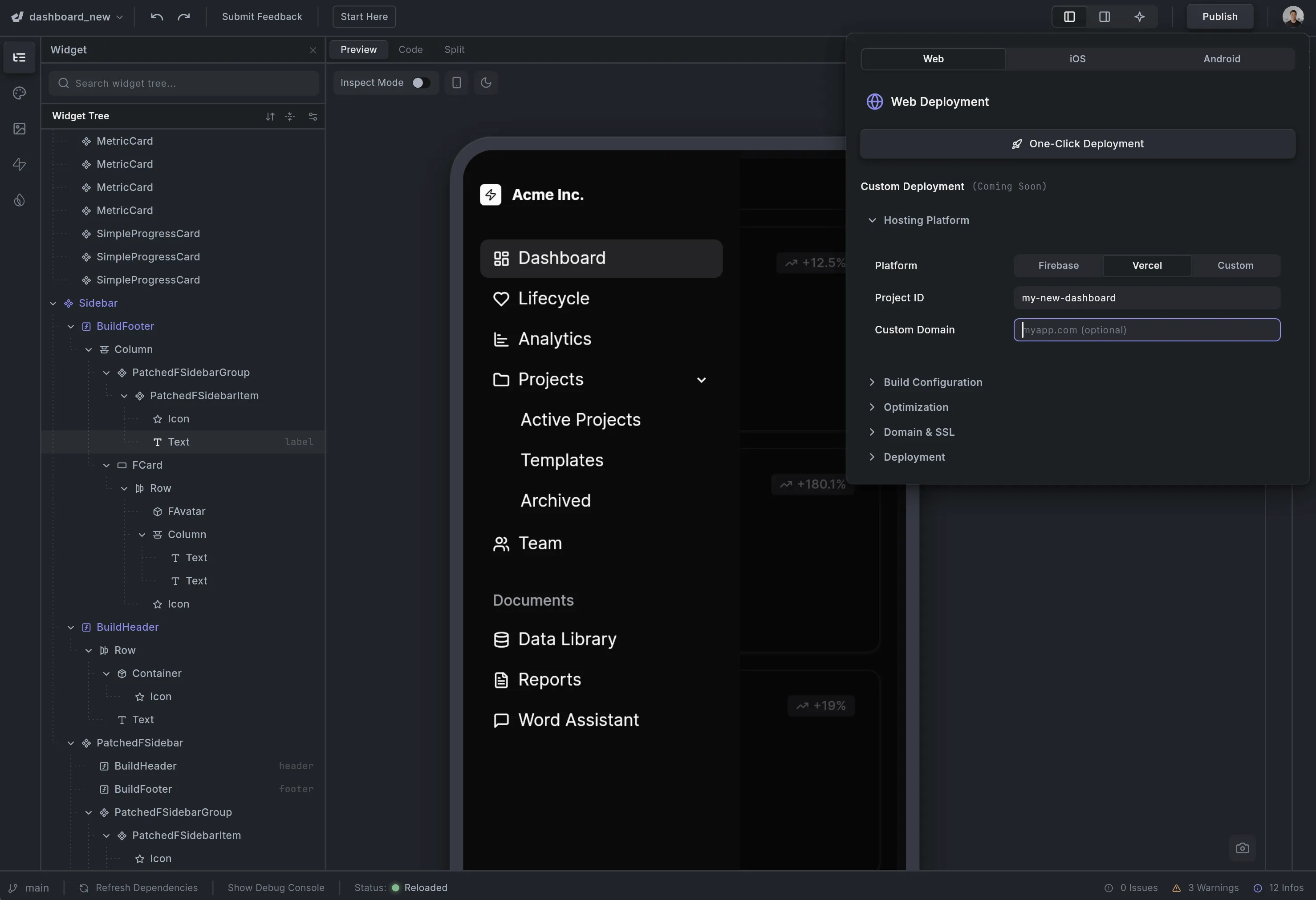 Dark-themed software development dashboard showing widget tree on left, sidebar menu with sections like Dashboard, Lifecycle, Analytics, Projects, Team, and documents, and a web deployment configuration panel for platform selection and project setup.