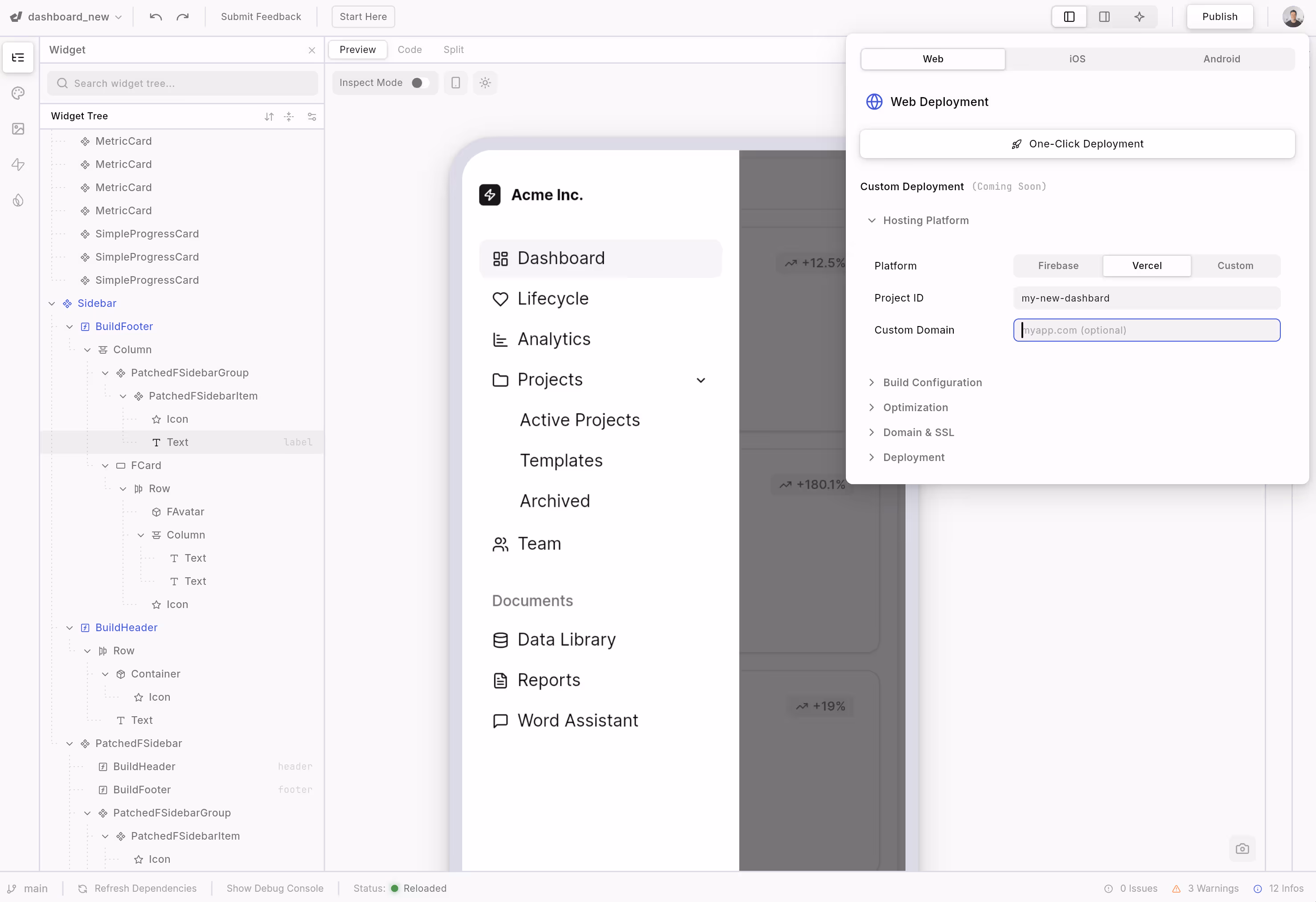 Dashboard UI with sidebar showing menu options like Dashboard, Lifecycle, Analytics, Projects, Team, and documents with deployment settings overlay panel for Web, iOS, and Android.