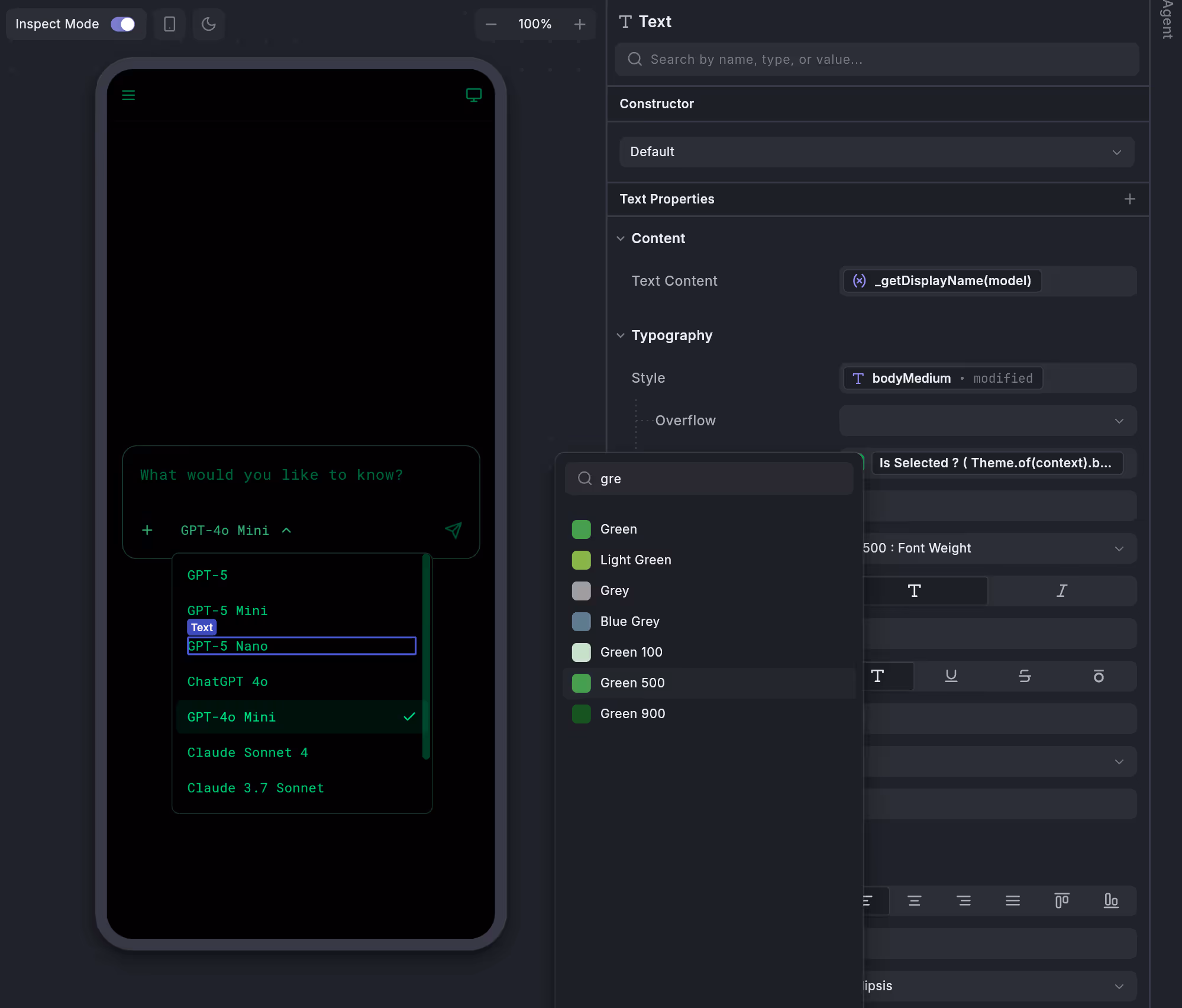 Dark-themed UI showing a mobile device with a dropdown menu listing AI models including GPT-5, GPT-5 Mini, GPT-5 Nano, GPT-4o Mini selected, ChatGPT 4o, Claude Sonnet 4, and Claude 3.7 Sonnet, alongside a color picker with green shades.