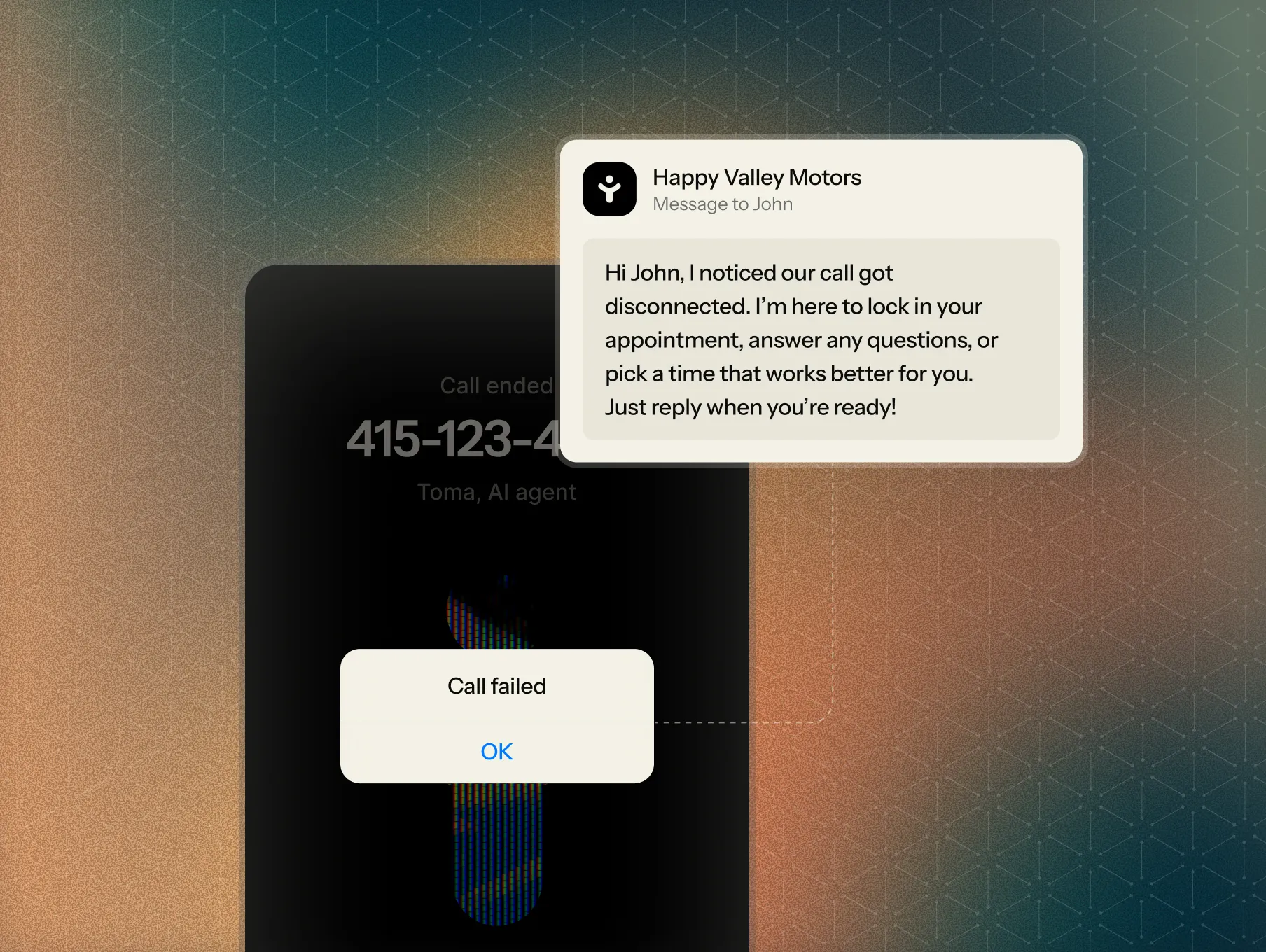 Phone screen showing a failed call notification and a message from Happy Valley Motors offering to reschedule an appointment.