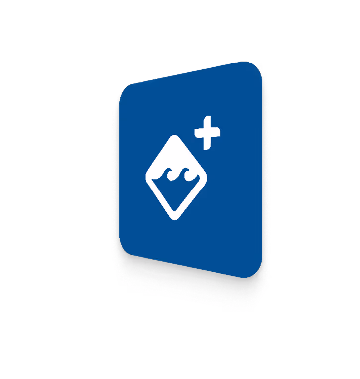 Blue rounded square icon with a white diamond containing two wave shapes and a plus sign in the upper right corner.