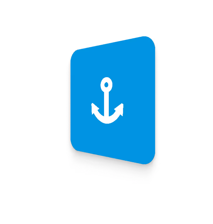 White anchor icon on a blue rounded square background with shadow.