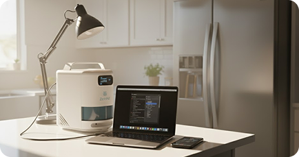 Portable DNA sequencer connected to a laptop and smartphone on a kitchen counter with a lamp and refrigerator in the background.