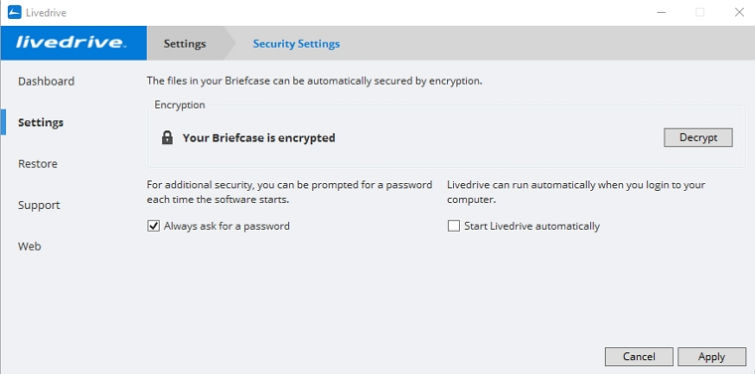 Livedrive briefcase encryption settings