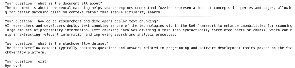 Result to some example questions from the code in step 10.